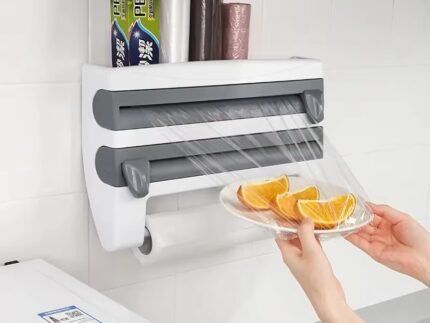 4-in-1 Wall Mounted Kitchen Wrap Dispenser – Paper Hanger, Cling Film, Foil, and Towel Holder with Cutter & Storage Rack