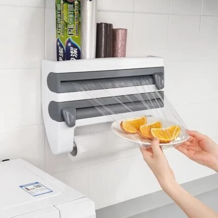 4-in-1 Wall Mounted Kitchen Wrap Dispenser – Paper Hanger, Cling Film, Foil, and Towel Holder with Cutter & Storage Rack