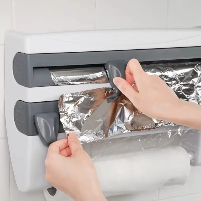 4-in-1 Wall Mounted Kitchen Wrap Dispenser – Paper Hanger, Cling Film, Foil, and Towel Holder with Cutter & Storage Rack