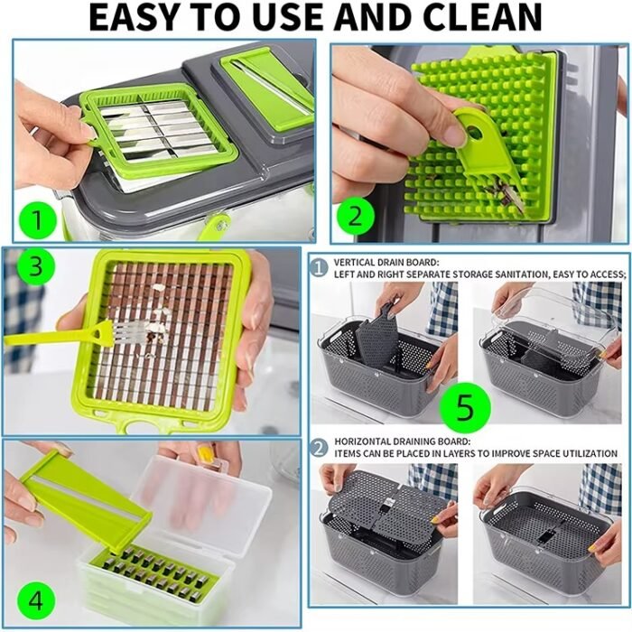 22-in-1 Multipurpose Hand-Press Vegetable Chopper – Compact Mandoline Cutter with Storage Container
