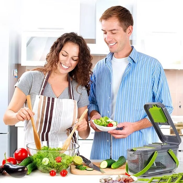22-in-1 Multipurpose Hand-Press Vegetable Chopper – Compact Mandoline Cutter with Storage Container