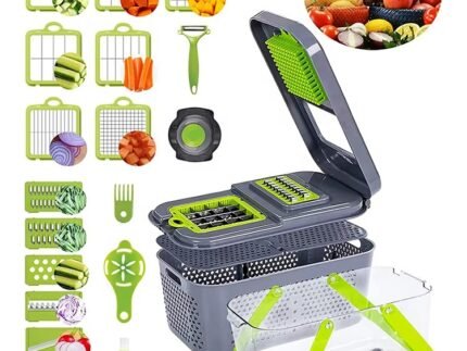 22-in-1 Multipurpose Hand-Press Vegetable Chopper – Compact Mandoline Cutter with Storage Container