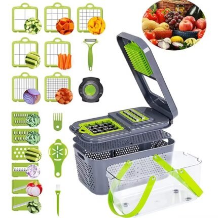 22-in-1 Multipurpose Hand-Press Vegetable Chopper – Compact Mandoline Cutter with Storage Container