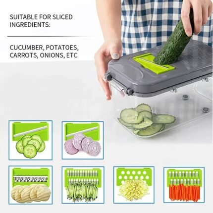 22-in-1 Multipurpose Hand-Press Vegetable Chopper – Compact Mandoline Cutter with Storage Container