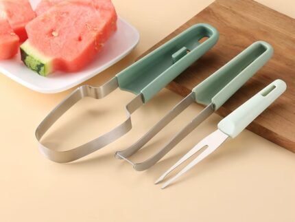 3-in-1 Stainless Steel & Plastic Watermelon Slicer, Cutter & Fork – Multifunctional Fruit Serving Tool
