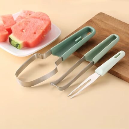 3-in-1 Stainless Steel & Plastic Watermelon Slicer, Cutter & Fork – Multifunctional Fruit Serving Tool
