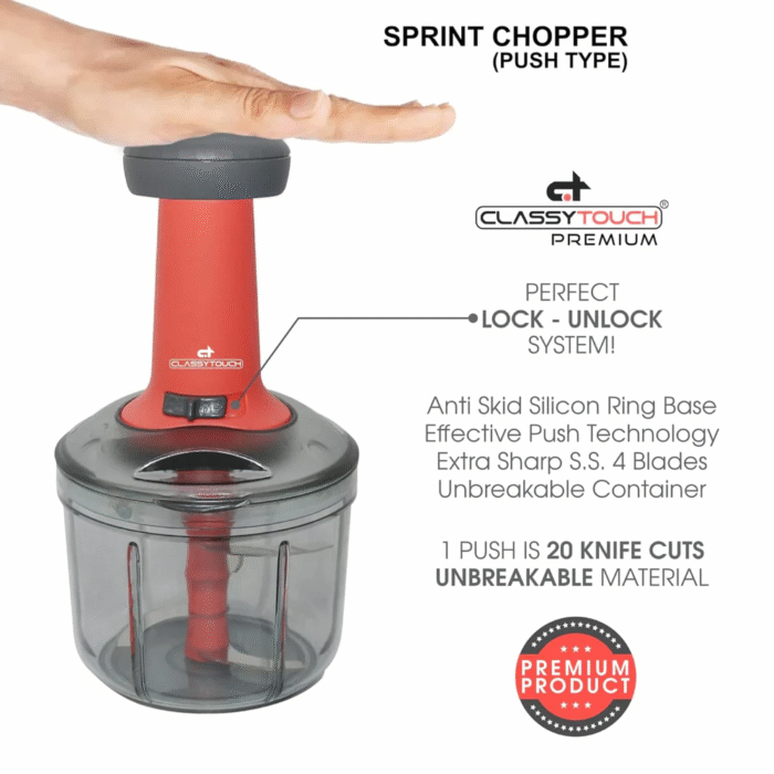 Classy Touch Manual Sprint 1000ML Hand-Press Food & Vegetable Chopper with Lock/Unlock System – Red & Black