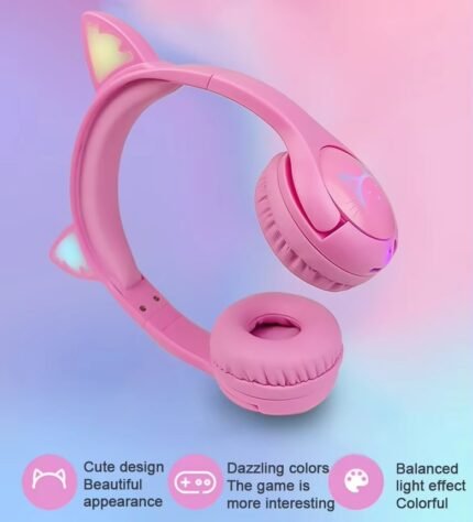 Cute Cat Ear Wired Headphones with LED Lights – Stereo Sound for Kids & Teens