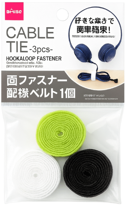 Daiso Cable Tie Set – 3pcs Hook & Loop Fastener Straps for Cable & Wire Management (50cm Each, Reusable, Multi-Color)