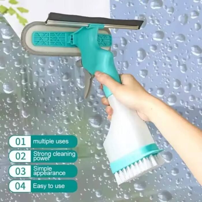Double-Sided 4-in-1 Multifunctional Window Cleaning Tool – Squeegee, Scraper, Scrubber & Spray Combo