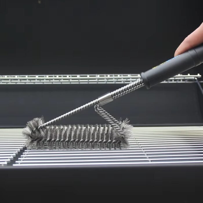 Heavy-Duty Stainless Steel Reusable BBQ Grill Brush with Built-In Scraper & Plastic Grip