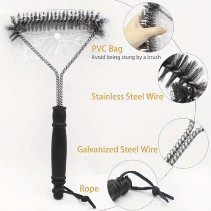 Heavy-Duty Stainless Steel Reusable BBQ Grill Brush with Built-In Scraper & Plastic Grip