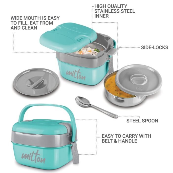 Milton Cubic 800ml Aqua Green Stainless Steel Lunch Box – Compact & Leak-Proof Food Container for Office, School, and Travel