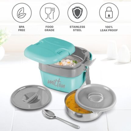 Milton Cubic 800ml Aqua Green Stainless Steel Lunch Box – Compact & Leak-Proof Food Container for Office, School, and Travel