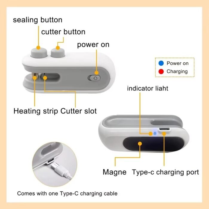 Portable Food Bag Heat Sealer – Handheld USB Rechargeable Mini Sealing Machine
