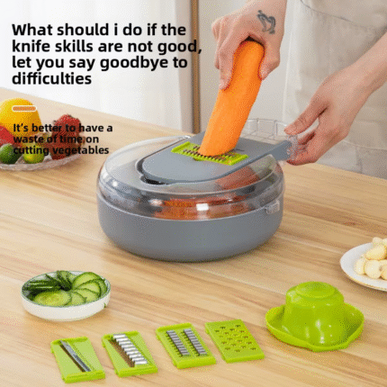 Premium 9-in-1 Manual Vegetable Cutter with Draining Basket – Multi-Function Slicer, Grater, Peeler & Potato Dicer