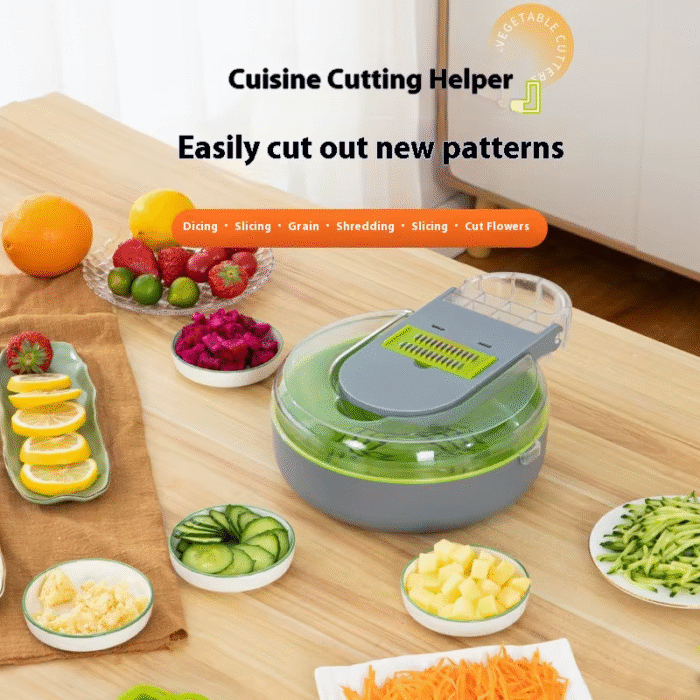 Premium 9-in-1 Manual Vegetable Cutter with Draining Basket – Multi-Function Slicer, Grater, Peeler & Potato Dicer