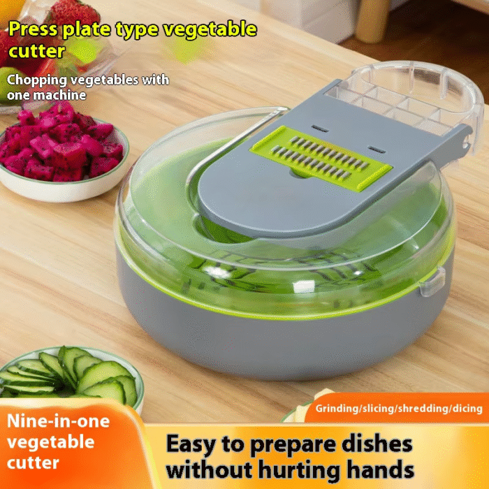 Premium 9-in-1 Manual Vegetable Cutter with Draining Basket – Multi-Function Slicer, Grater, Peeler & Potato Dicer