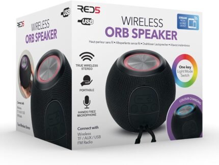 RED5 Bluetooth Wireless Orb Speaker – RGB LED Color-Changing Mini Party Speaker with FM Radio, USB, Micro SD & AUX – Black