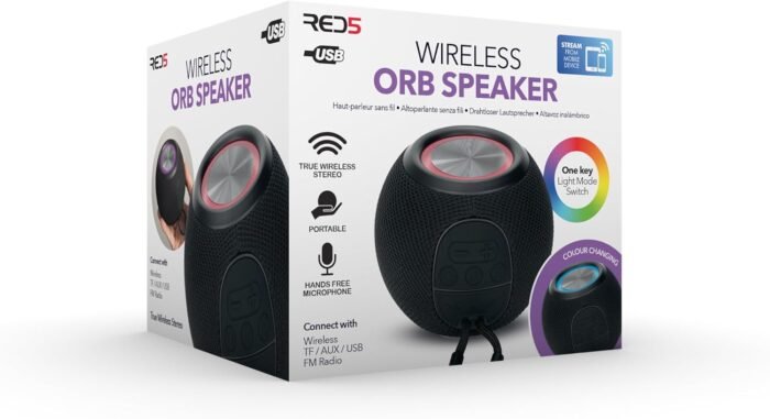 RED5 Bluetooth Wireless Orb Speaker – RGB LED Color-Changing Mini Party Speaker with FM Radio, USB, Micro SD & AUX – Black
