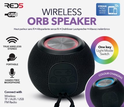 RED5 Bluetooth Wireless Orb Speaker – RGB LED Color-Changing Mini Party Speaker with FM Radio, USB, Micro SD & AUX – Black