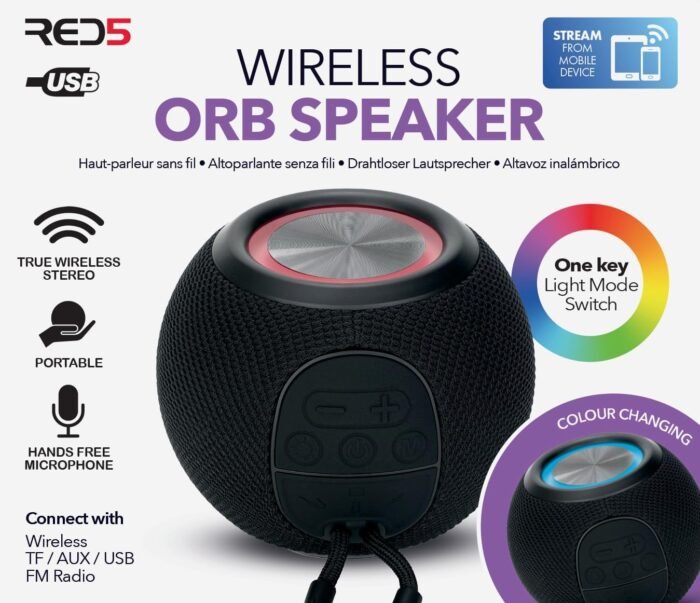RED5 Bluetooth Wireless Orb Speaker – RGB LED Color-Changing Mini Party Speaker with FM Radio, USB, Micro SD & AUX – Black