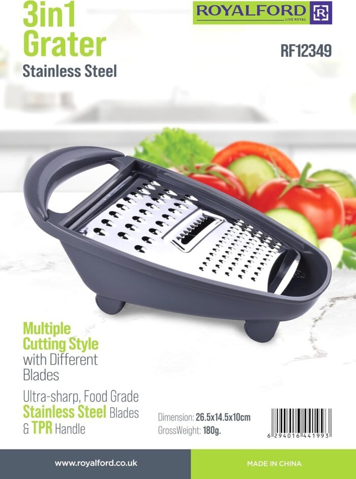 Royalford 3-in-1 Stainless Steel Flat Grater – Razor Sharp Microblade for Vegetables, Fruits & Cheese