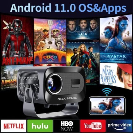 Smart Android 11 Projector – 720p HD LED Home Theater Beamer with Auto Keystone & Wi-Fi