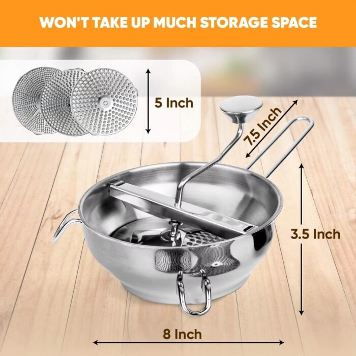 Stainless Steel 3-Disc Rotary Food Mill with Handle – For Sauces, Purees & Mashed Potatoes