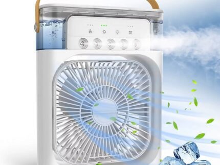 USB Rechargeable 5-Hole Mist Fan – Mini Air Cooler & Humidifier for Home, Office, Travel & Outdoor Use